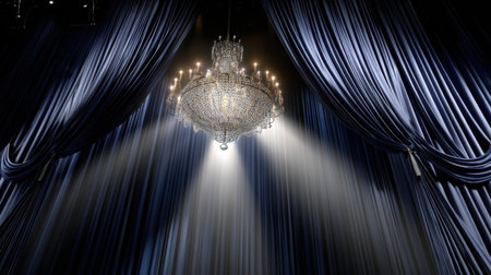A chandelier hangs from the ceiling of a theater. The curtains are drawn, and the light shines through them, illuminating the chandelier. The scene is dramatic and theatricalの素材