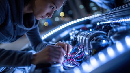 A woman is working on a car engine with wires and lights. Concept of technical expertise and precision, as the woman carefully examines the engine and its componentsの素材
