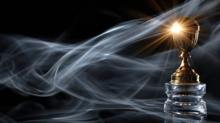 A golden trophy sits on a glass base in front of a swirling cloud of smoke. The smoke creates a sense of mystery and intrigue, while the golden trophy symbolizes achievement and successの素材