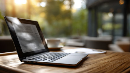 A laptop is open on a wooden table with a cup of coffee next to it. The laptop screen is displaying a document, and the coffee cup is half full. The scene suggests a relaxed and comfortable atmosphereの素材