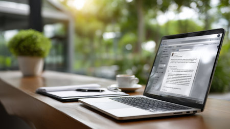 A laptop is open on a table with a plant and a cup of coffee. The laptop screen displays a document, and the table is cluttered with papers and a penの素材