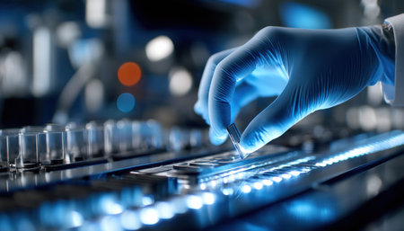 A person wearing a blue glove is holding a small object. Concept of precision and attention to detail, as the person is carefully handling the object. The blue glove suggests a sterile environmentの素材
