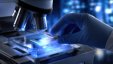 A person is holding a small object in a blue glove. The object is in a clear containerの素材