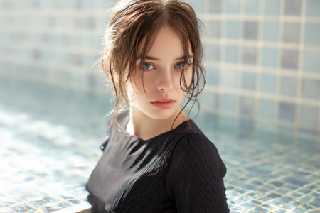 A woman is in a pool with her hair wet and her face looking at the camera. Scene is relaxed and carefreeの素材