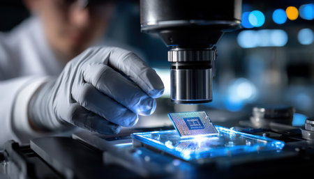 A scientist is looking at a microchip under a microscope. Concept of curiosity and precision, as the scientist carefully examines the tiny deviceの素材