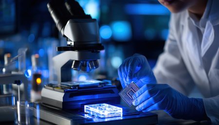 A scientist is working on a project in a lab, holding a small electronic device in his gloved hand. The lab is well-equipped with various scientific instruments and equipment, including a microscopeの素材
