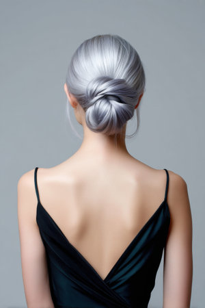 A woman with a silver hair style is wearing a black dress. The dress is long and has a V-neckの素材