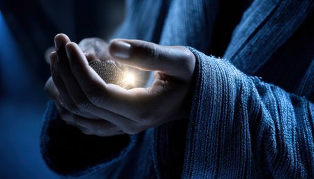 A hand holding a glowing object in a blue robe. The person is wearing a blue robe and he is holding the glowing object with their handの素材