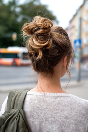 A woman with a ponytail and a green backpack is standing on a street. The scene is casual and relaxed, with the woman looking off into the distanceの素材