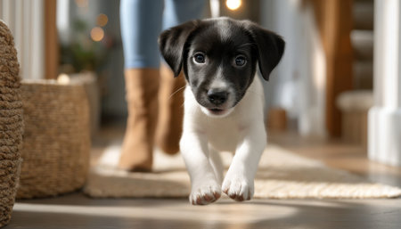 A small black and white dog is running on a floor. The dog is looking up at the cameraの素材