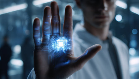 A man is holding a blue computer chip in his hand. The image is a representation of the idea of technology and its impact on society. The blue color of the chip symbolizes the digital ageの素材
