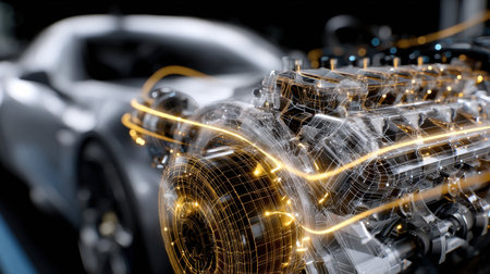 A car engine with a futuristic design. The engine is made of metal and has a lot of intricate details. The design is very modern and sleek, giving the impression of a high-tech vehicleの素材