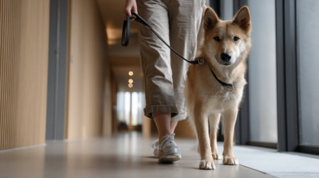 A woman is walking her dog in a hallway. The dog is wearing a collar and leash. The hallway is empty, and the dog seems to be enjoying the walkの素材