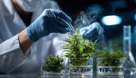 A scientist is working with plants in a lab. The plants are in small glass containers and the scientist is using a pair of tweezers to handle them. Scene is focused and seriousの素材