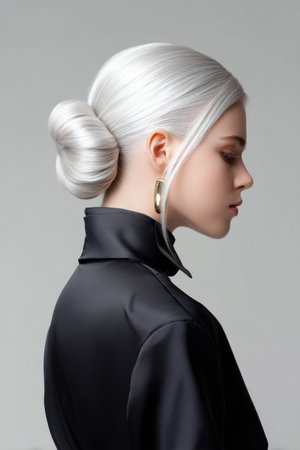 A woman with a bun hairstyle and gold earrings. She is wearing a black shirt and a black jacketの素材