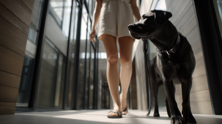 A woman is walking a black dog in a hallway. The dog is wearing a collar and he is well-behavedの素材