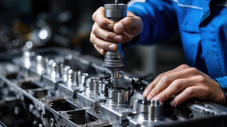 A man is working on a machine with a blue shirt. He is holding a tool and is focused on his workの素材