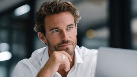A man with a beard and glasses is looking at a laptop. He is wearing a white shirt and a ringの素材