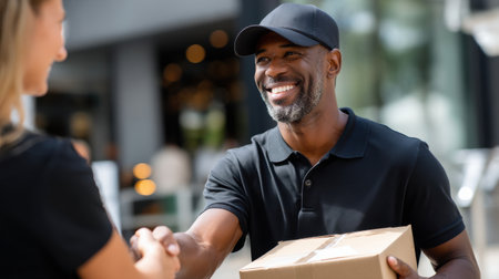 A man in a black shirt is handing a woman a box. The woman is smiling and shaking the man's handの素材