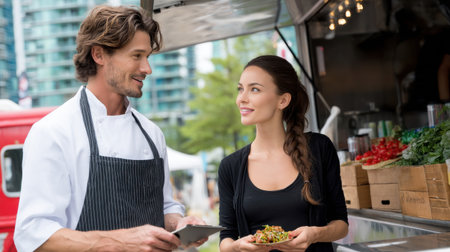 A man and a woman are standing in front of a food truck, the man is wearing an apron and the woman is smilingの素材