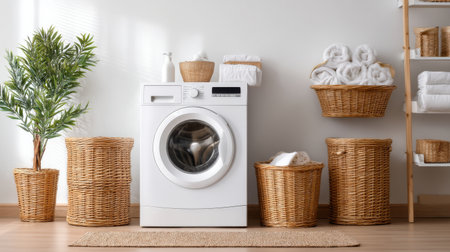 A white washing machine sits in front of a row of baskets. The baskets are filled with towels and other laundry items. The room has a clean and organized feelの素材