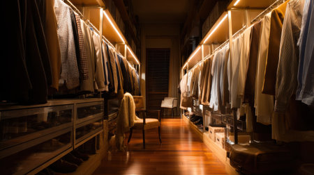 A large walk in closet with many clothes hanging on racks. The closet is lit up and has a chair in the middleの素材
