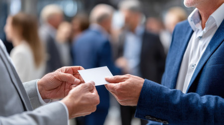 Two men are exchanging business cards in a crowded room. Concept of professionalism and networking, as people are dressed in suits and tiesの素材