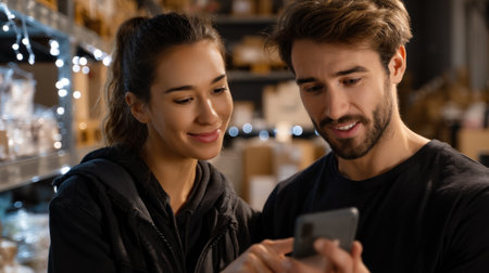 A man and a woman are looking at a cell phone together. The man is smiling and the woman is smiling as wellの素材