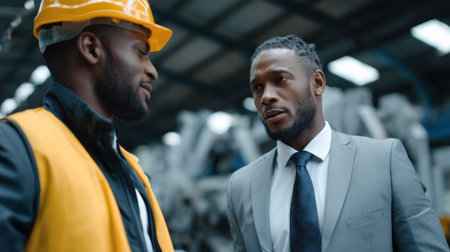 Two men are talking in a factory. One is wearing a yellow vest and the other is wearing a suitの素材