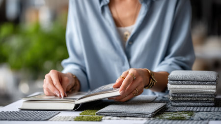 A woman is sitting at a table with a book open in front of her. She is looking at the book and she is reading it. The table is covered with various items, including a stack of fabricの素材