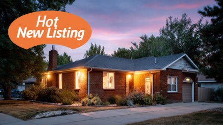 A house with a sign that says Hot New Listing. The house is a brick home with a porch and a driveway. The house is lit up at night, giving it a warm and inviting atmosphereの素材