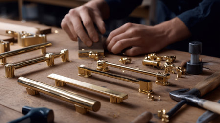 A man is working on a table with a variety of gold knobs and handles. Concept of craftsmanship and attention to detail, as the man carefully handles the delicate piecesの素材