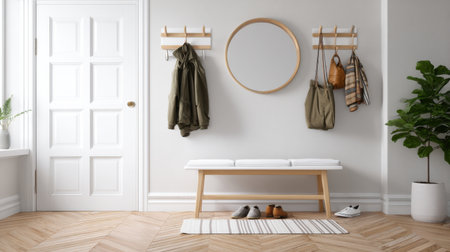 A white door with a green jacket hanging on a rack. A mirror hangs on the wall above the door. A bench is in the middle of the room. A potted plant is on the right side of the roomの素材