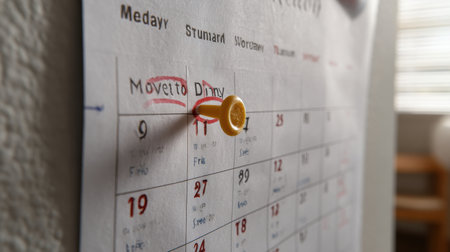 A yellow pin is stuck into a calendar on the 9th of March. The calendar is marked with red and blackの素材