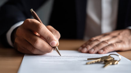 A man is writing on a piece of paper with a pen. The man is wearing a suit and tie. Concept of formality and professionalismの素材