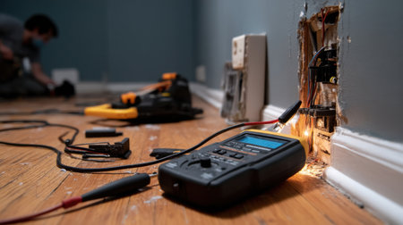 A man is working on a wall with a device that has a screen on it. The device is a multimeterの素材