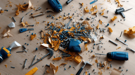 A pile of tools and debris on a table. The tools include a hammer, a screwdriver, and a drill. The debris consists of nails, screws, and other small hardware piecesの素材