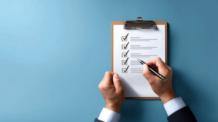 A man is writing on a checklist with a pen. The checklist is on a clipboard and the man is holding it in his hand. Concept of organization and productivityの素材