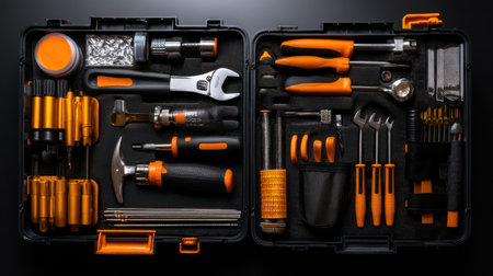 A toolbox with many tools inside. The tools are orange and black. The toolbox is openの素材