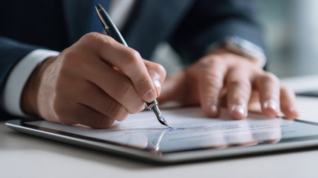 A man is writing on a tablet with a pen. Concept of professionalism and focus, as the man is likely working on a document or taking notesの素材