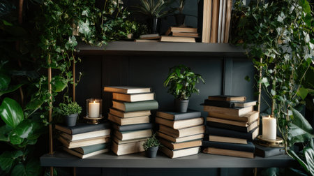 A shelf full of books and plants, with candles on top. Scene is cozy and inviting, with the plants adding a touch of nature to the space. The candles provide a warm and calming atmosphereの素材