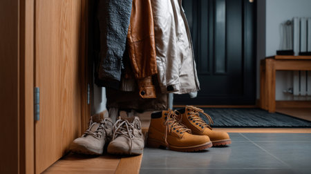 A pair of brown boots and a pair of tan boots are standing next to each other on a tiled floorの素材