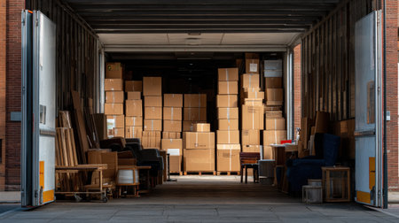 A large warehouse with many boxes stacked up and a truck parked in the back. Scene is busy and hecticの素材