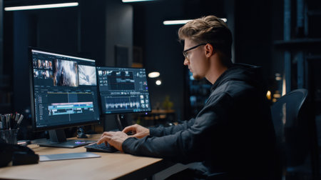 A man is sitting at a desk with two computer monitors in front of him. He is typing on a keyboard and he is working on a project. Scene is focused and seriousの素材