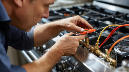 A man is fixing a stove with a yellow and orange wire. He is wearing a blue shirtの素材