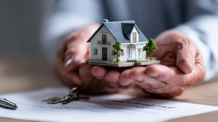 A man is holding a small model house in his hand. The house is on top of a piece of paperの素材