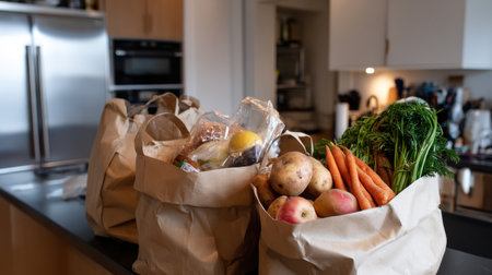 Three bags of groceries sit on a counter, including carrots and potatoes. The bags are brown and appear to be filled with fresh produce. Concept of abundance and the importance of healthy eatingの素材