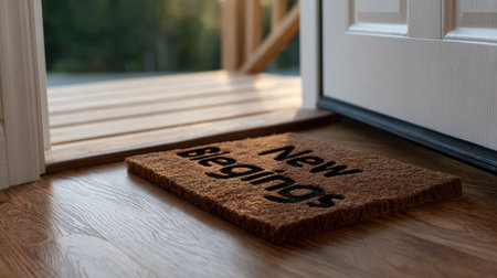 A brown doormat with the words New Beings written on it. The doormat is placed on a wooden floorの素材