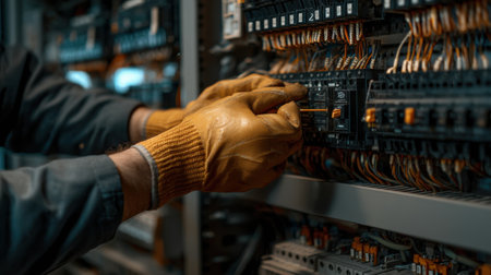 A man is working on a circuit board with his hands in gloves. Concept of caution and precision, as the man is carefully handling the delicate electrical componentsの素材