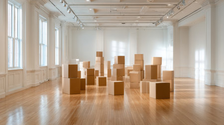 A room full of cardboard boxes. The boxes are stacked in various sizes and shapes. The room is empty and the boxes are scattered all over the floor. Scene is one of emptiness and lonelinessの素材